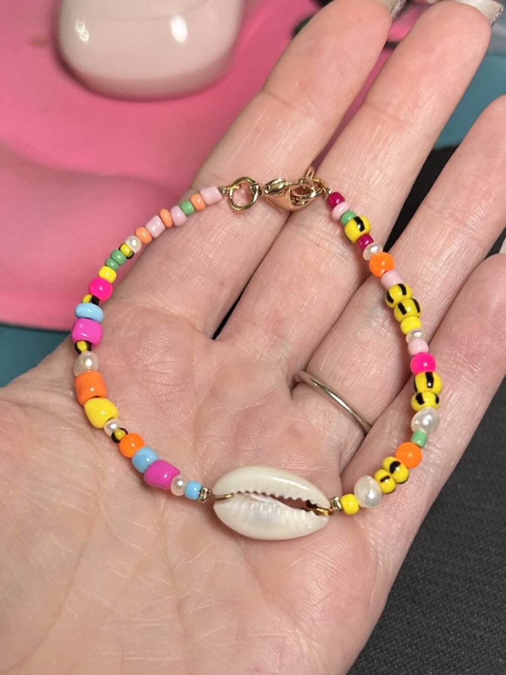 DANNIJO Multicolored Beaded Cowrie Shell Bracelet Gold Tone